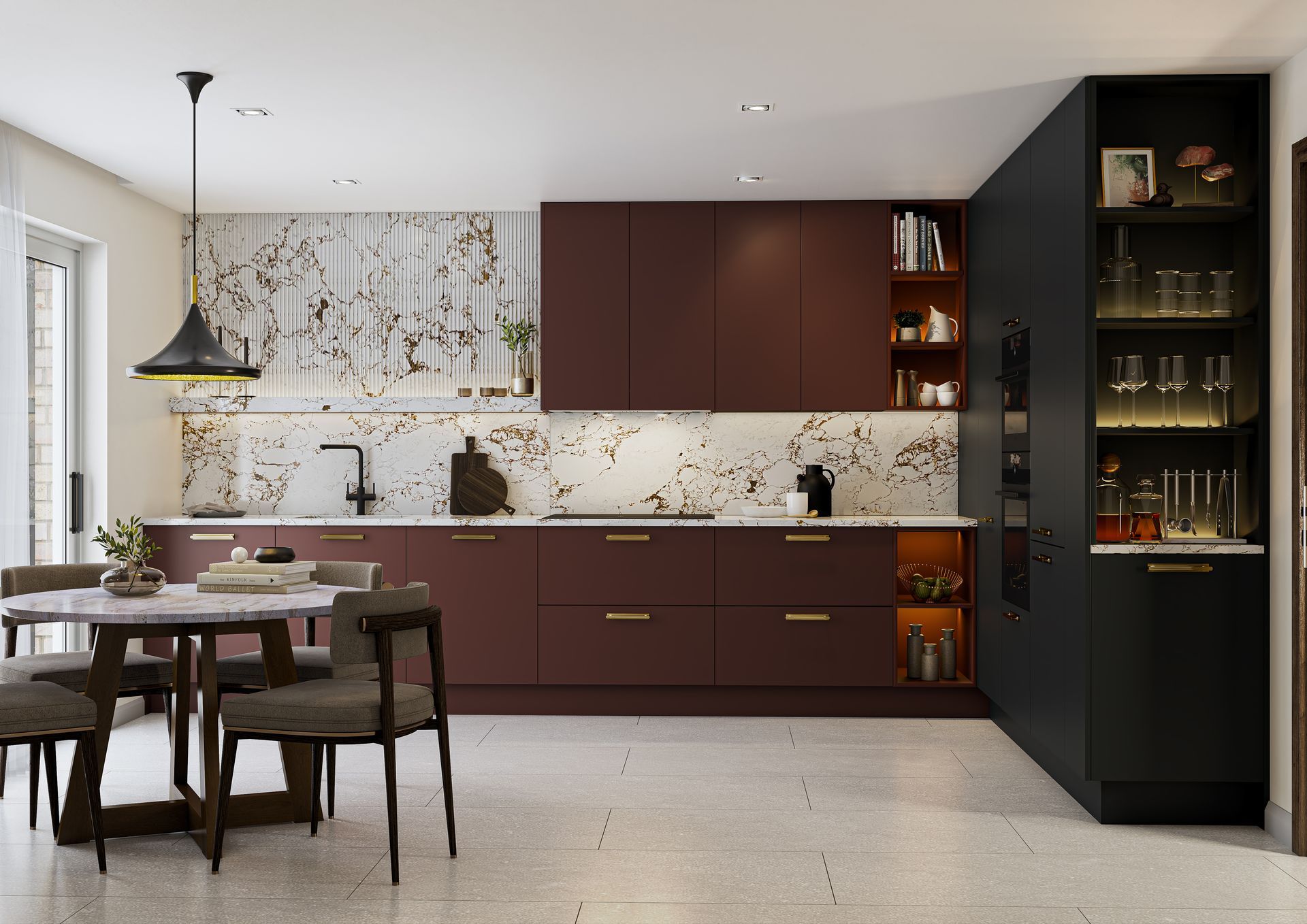 Modern kitchen featuring burgundy and black cabinets, marble backsplash, integrated shelving, and a small dining table.