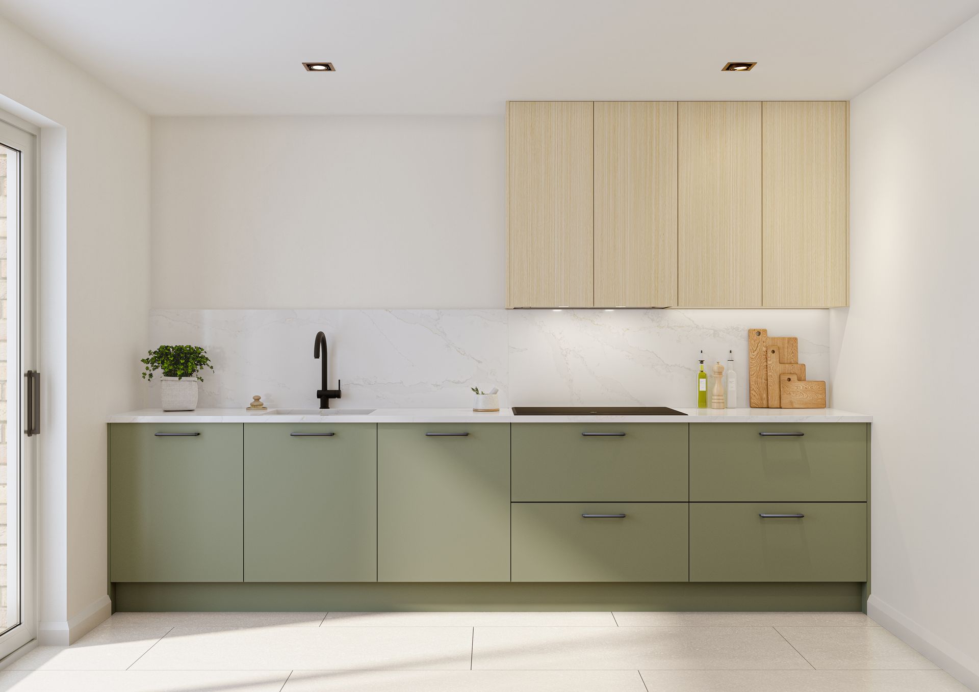 A modern kitchen featuring sage green lower cabinets, light wood upper cabinets, a white countertop, and a black faucet.