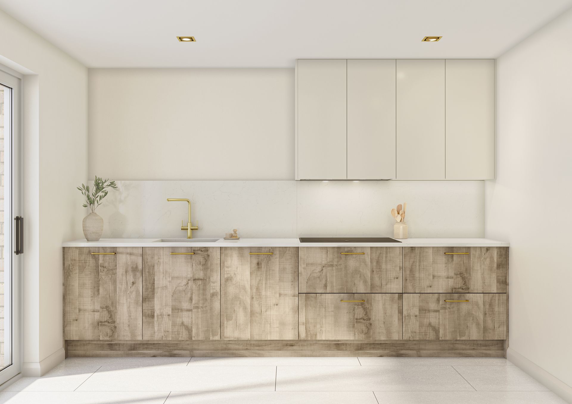 Modern kitchen with light-wood base cabinets, glossy beige upper cabinets, white countertop, and gold hardware.
