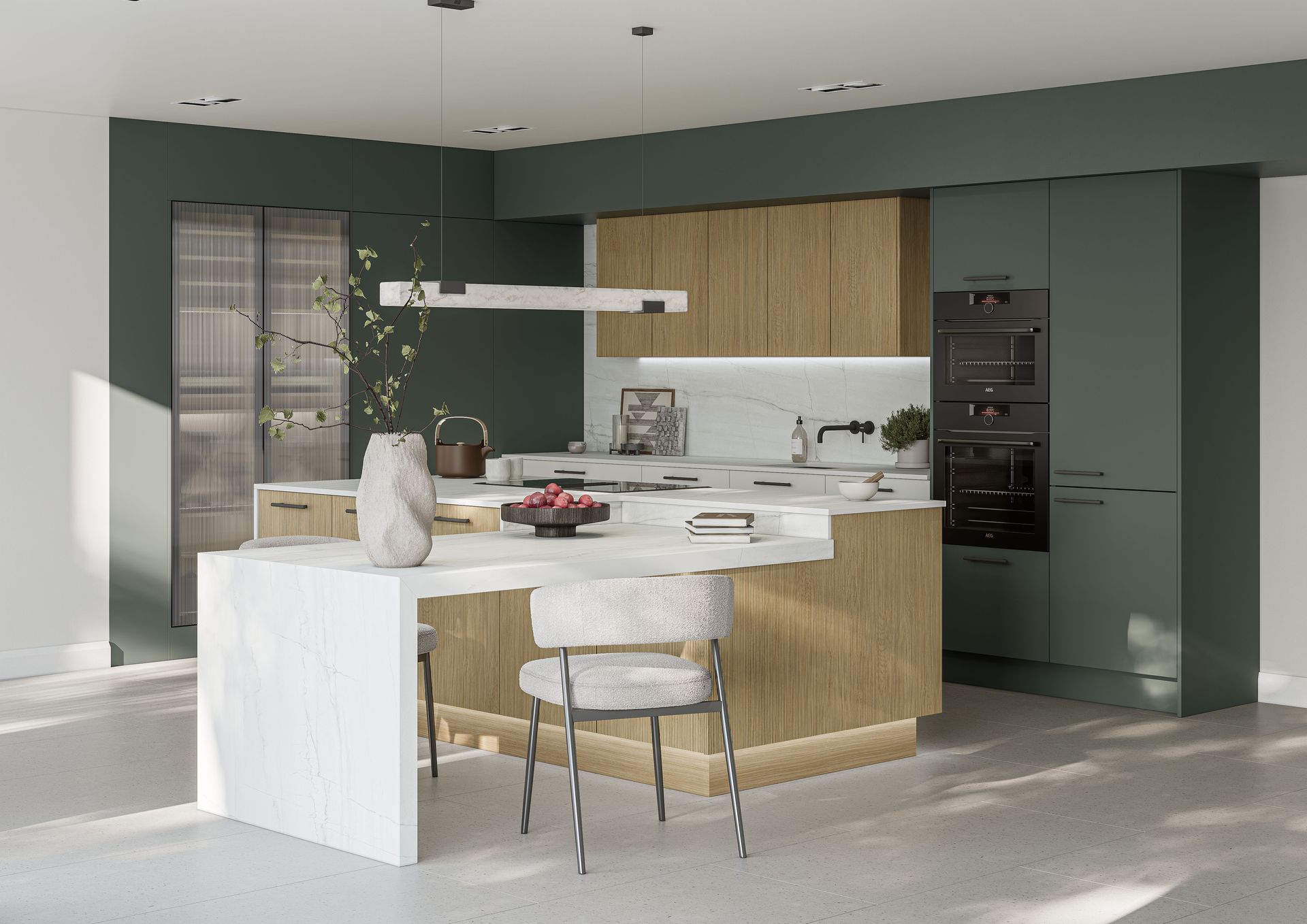 Modern kitchen with green cabinets, light wood island, white stone countertops, and a fuzzy-textured chair.
