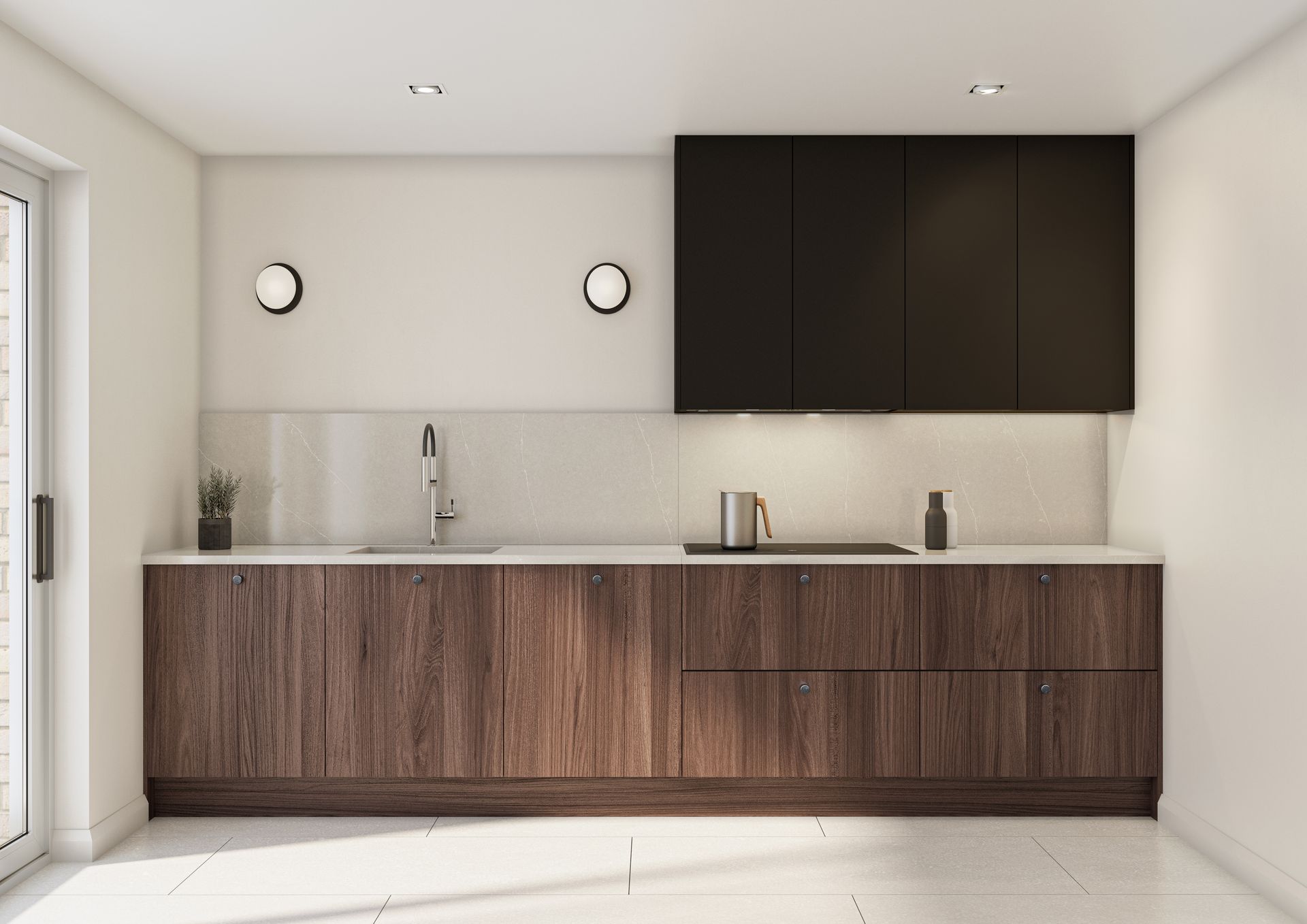 A modern kitchen with dark wood base cabinets, black wall cabinets, a light countertop, and dual circular wall lights.