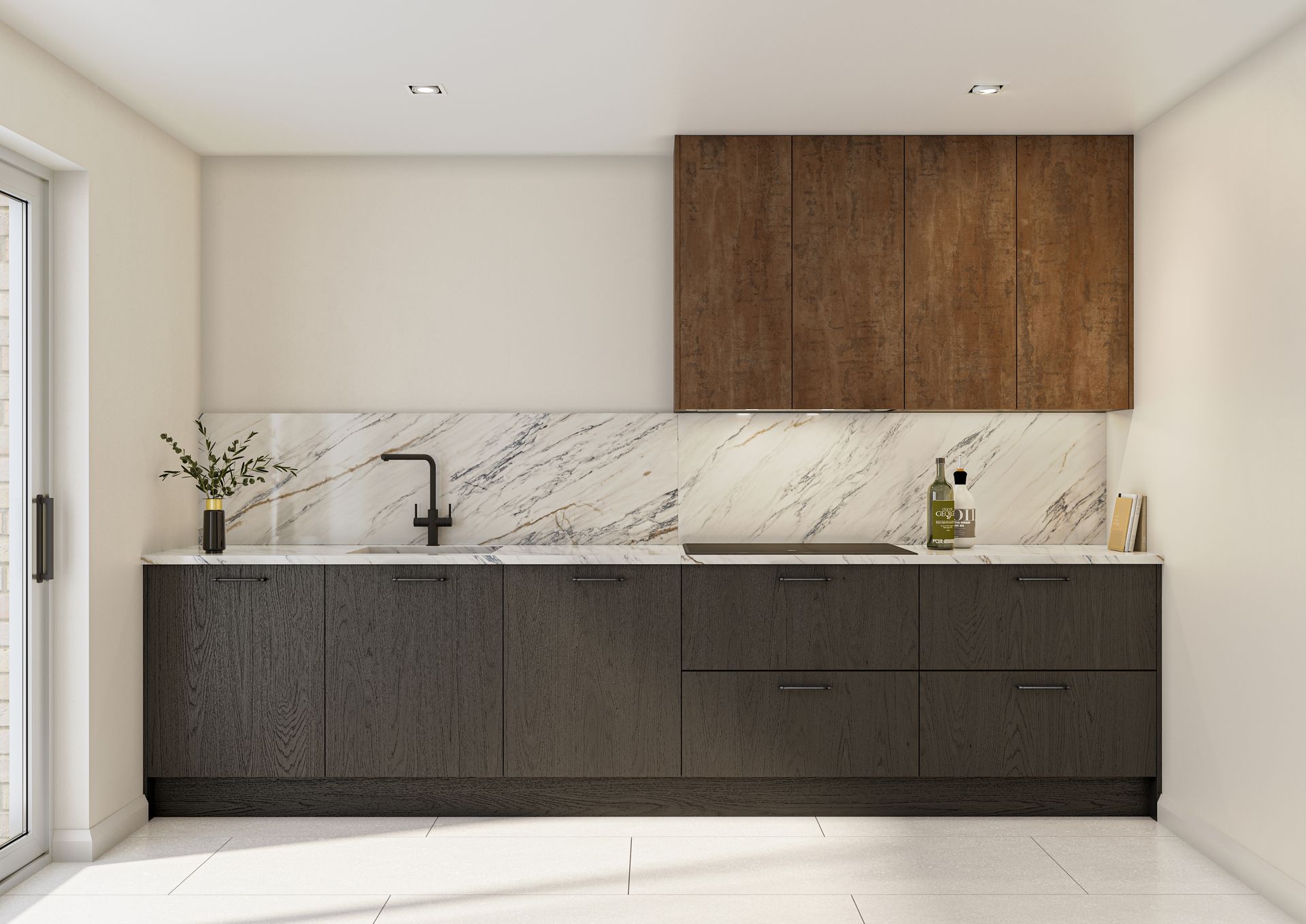 A modern kitchen featuring dark textured base cabinets, wood-tone upper cabinets, and a white marble-veined backsplash.