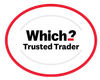 Which? Trusted Trader logo inside a red oval with black text on a white background