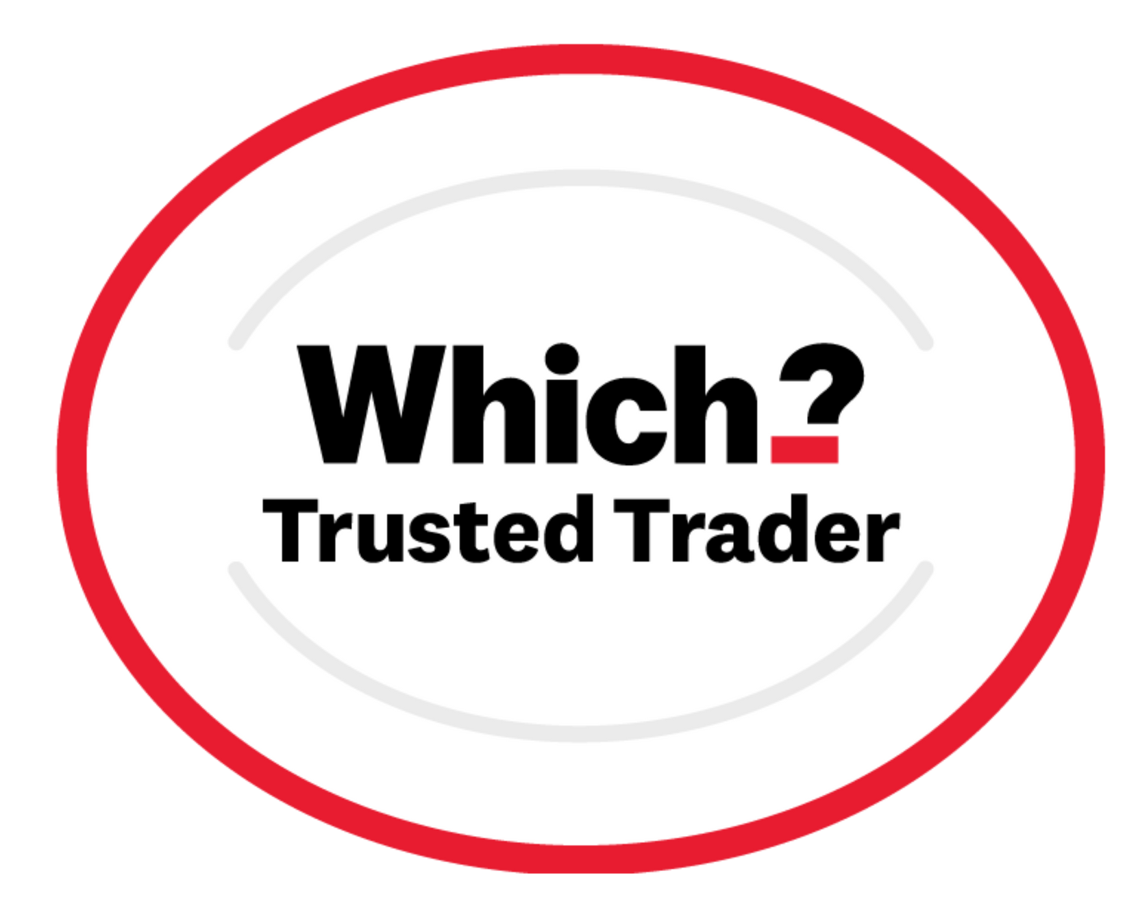 Which? Trusted Trader logo inside a red oval with black text on a white background