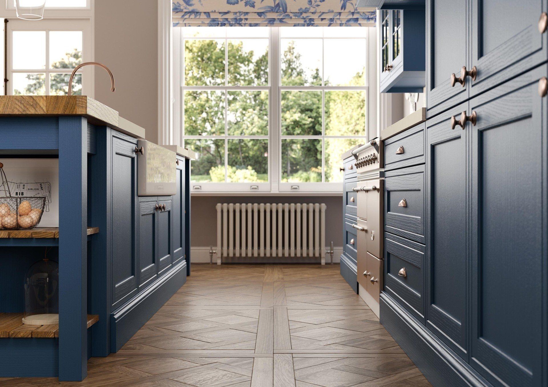 A kitchen with deep blue shaker-style cabinets, a white apron-front sink, a central radiator, and wood floorboards.