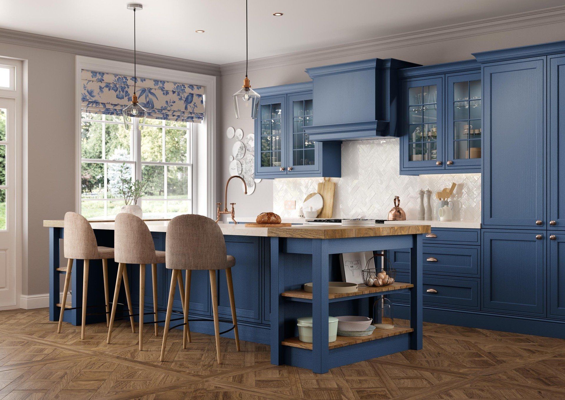 Modern blue kitchen featuring a central island with bar stools, wooden shelving, and patterned window blinds.