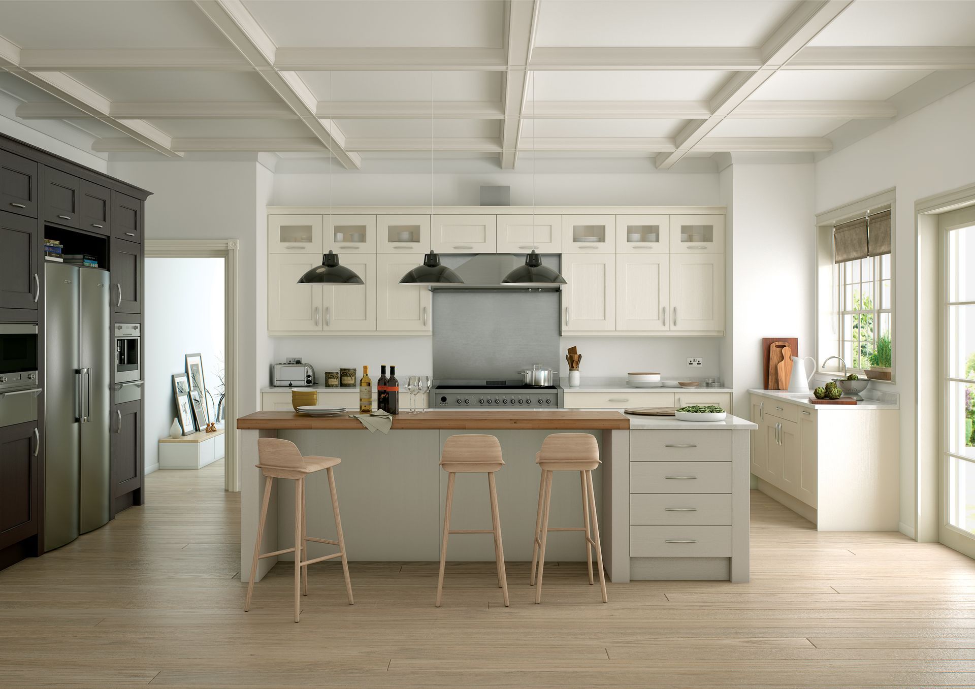 A modern kitchen with cream-colored cabinets, a wooden island with three stools, and dark-toned appliances.