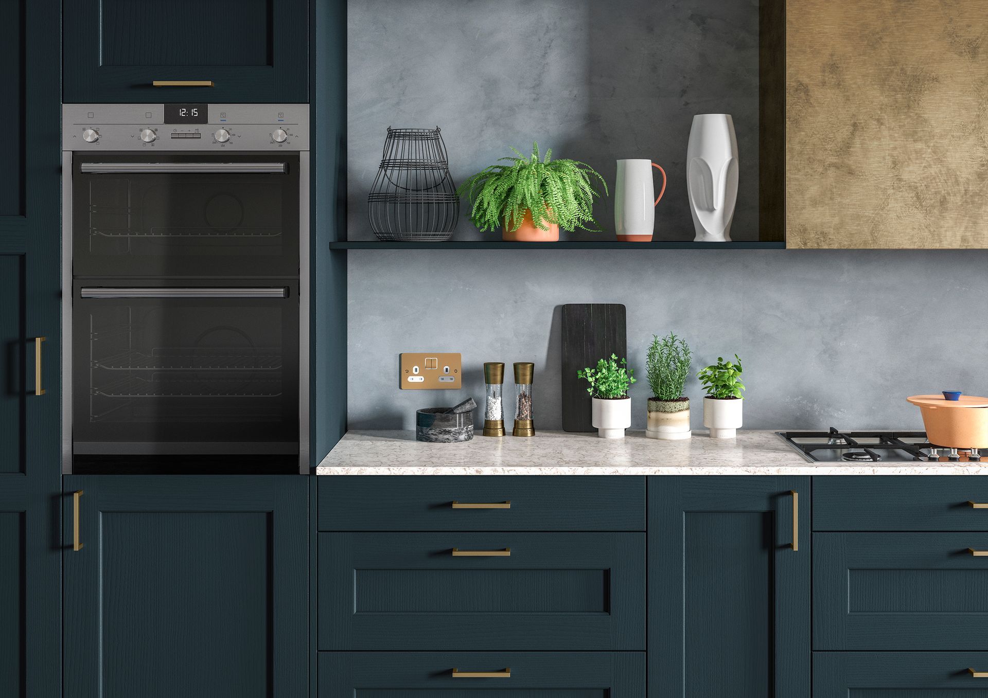 A modern kitchen with dark blue cabinetry, a built-in oven, marble countertop, and decorative plants on a floating shelf.