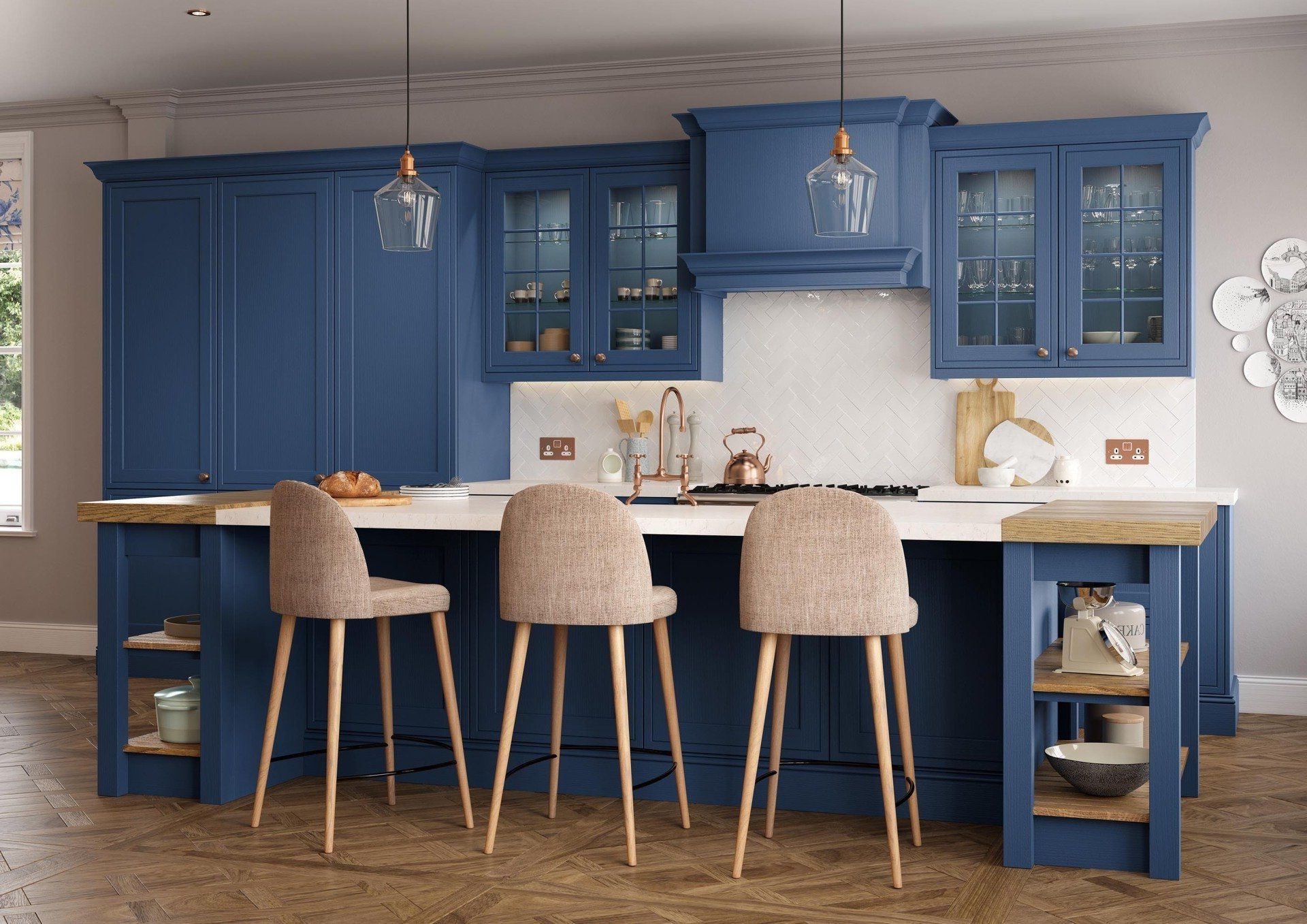 A kitchen island with three stools sits in front of dark blue cabinets with glass-front uppers and white countertops.