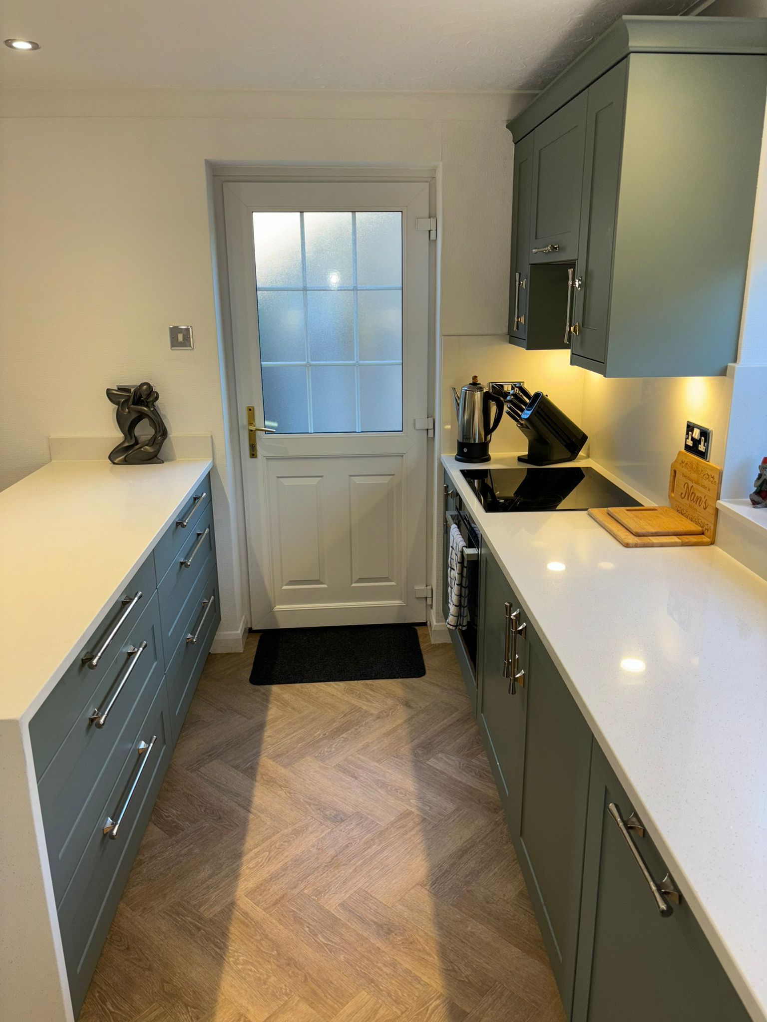 Galley kitchen with sage green cabinets, white countertops, a herringbone wood floor, and a glass-paneled back door.