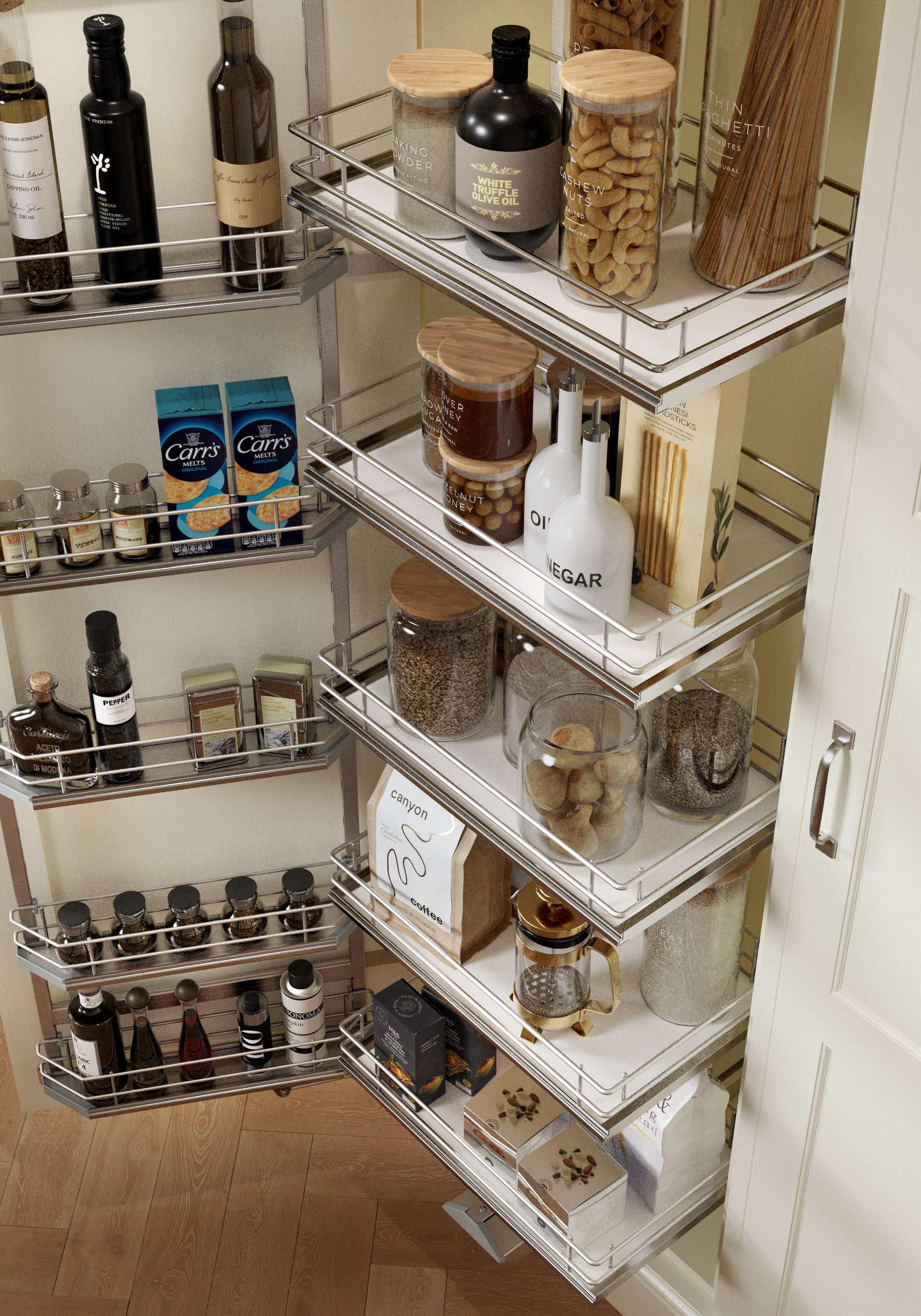 A pull-out pantry cabinet with multiple wire shelves organized with various food items in bottles, jars, and boxes.