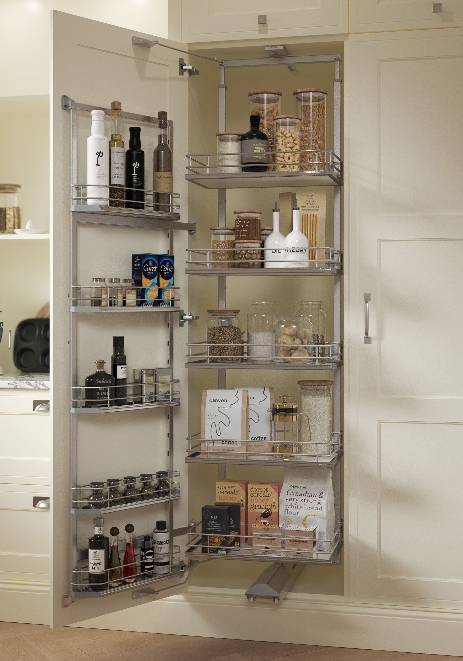 An open pantry cabinet with pull-out wire shelving filled with organized food containers, jars, and bottles.