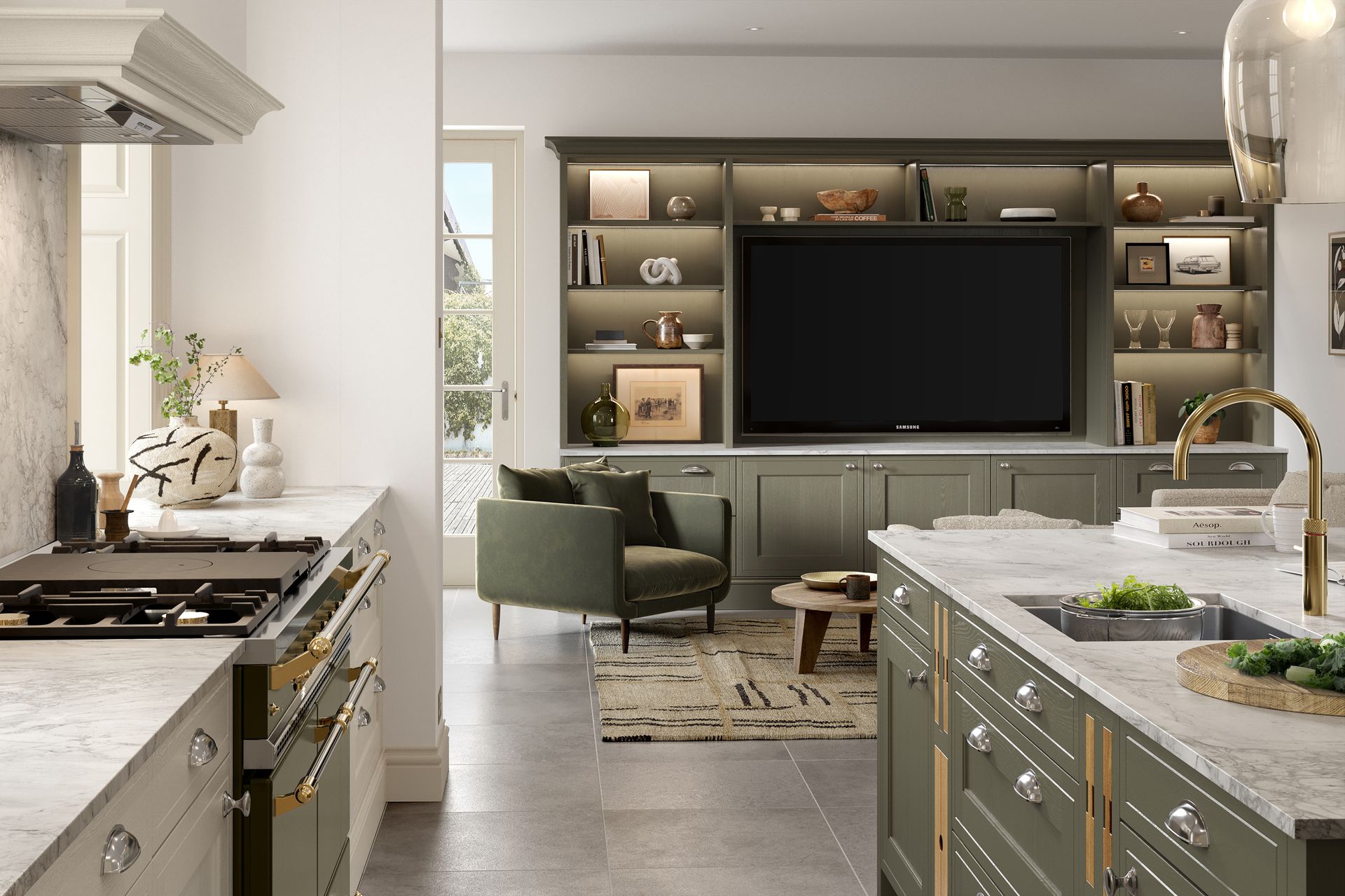 An open-plan kitchen featuring sage green cabinets, a marble island, and a living area with a built-in media wall.