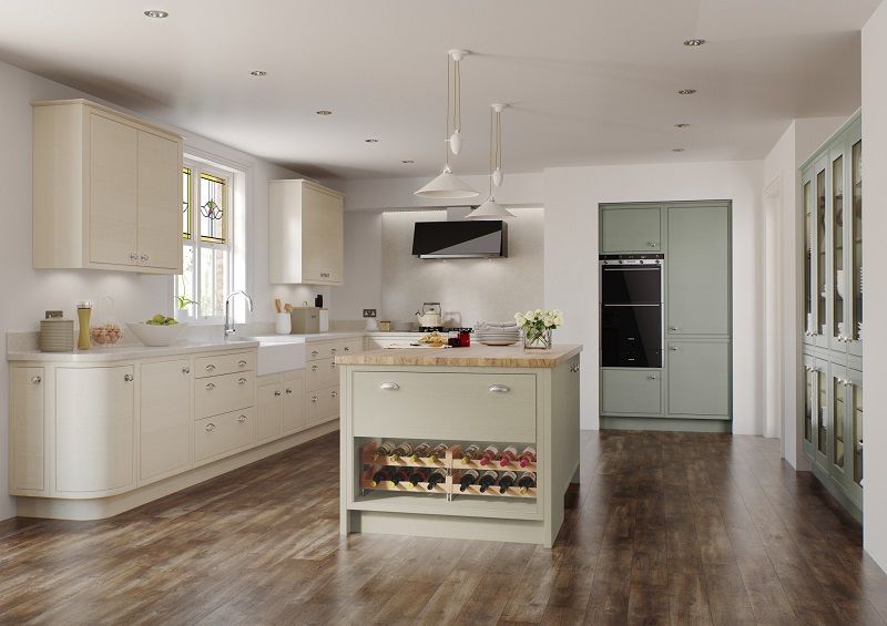 A bright, modern kitchen features light-colored cabinetry, a central island with wine storage, and dark wood flooring.