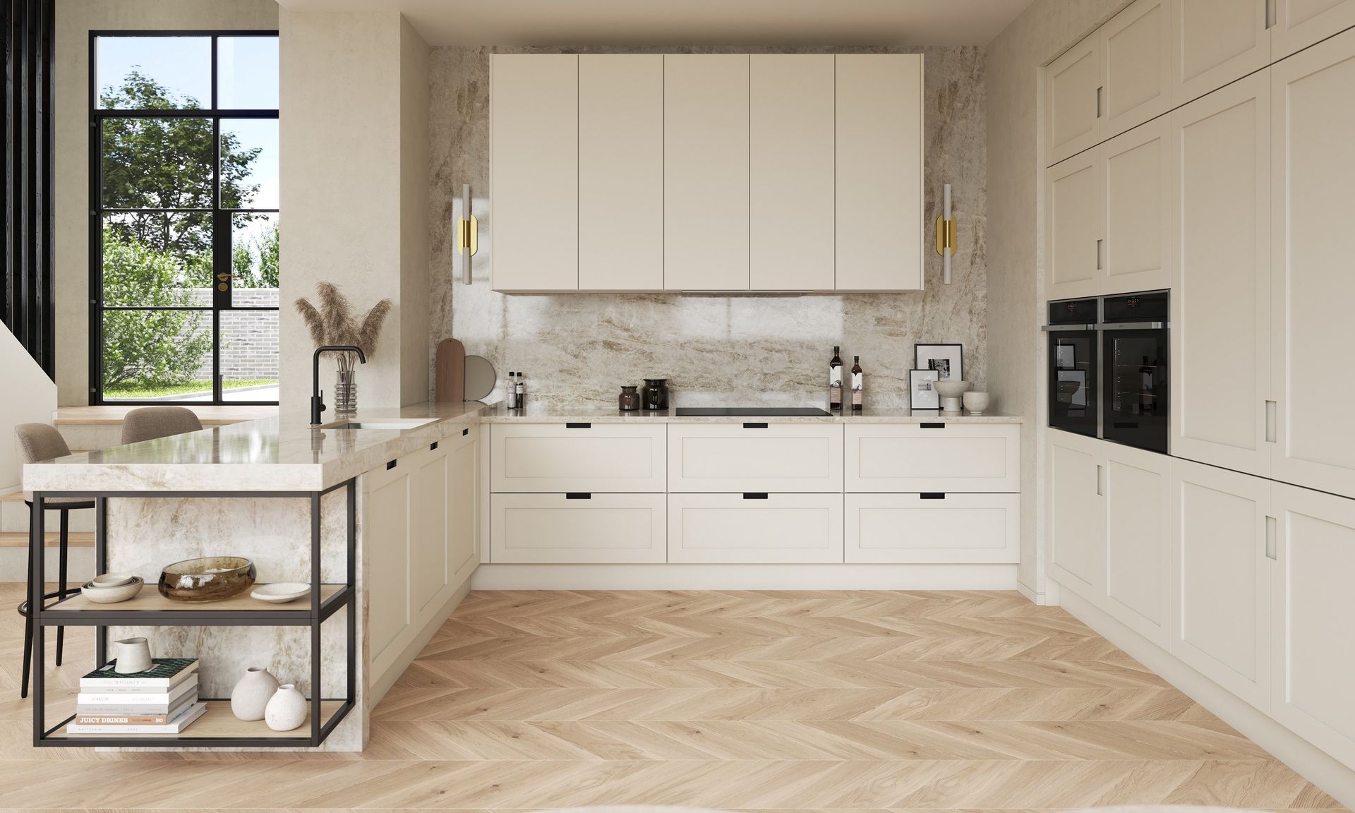 Modern cream kitchen with light wood herringbone flooring, stone countertops, and black built-in appliances.