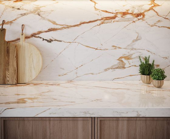 A marble kitchen countertop and backsplash with wooden cutting boards and two small potted plants.