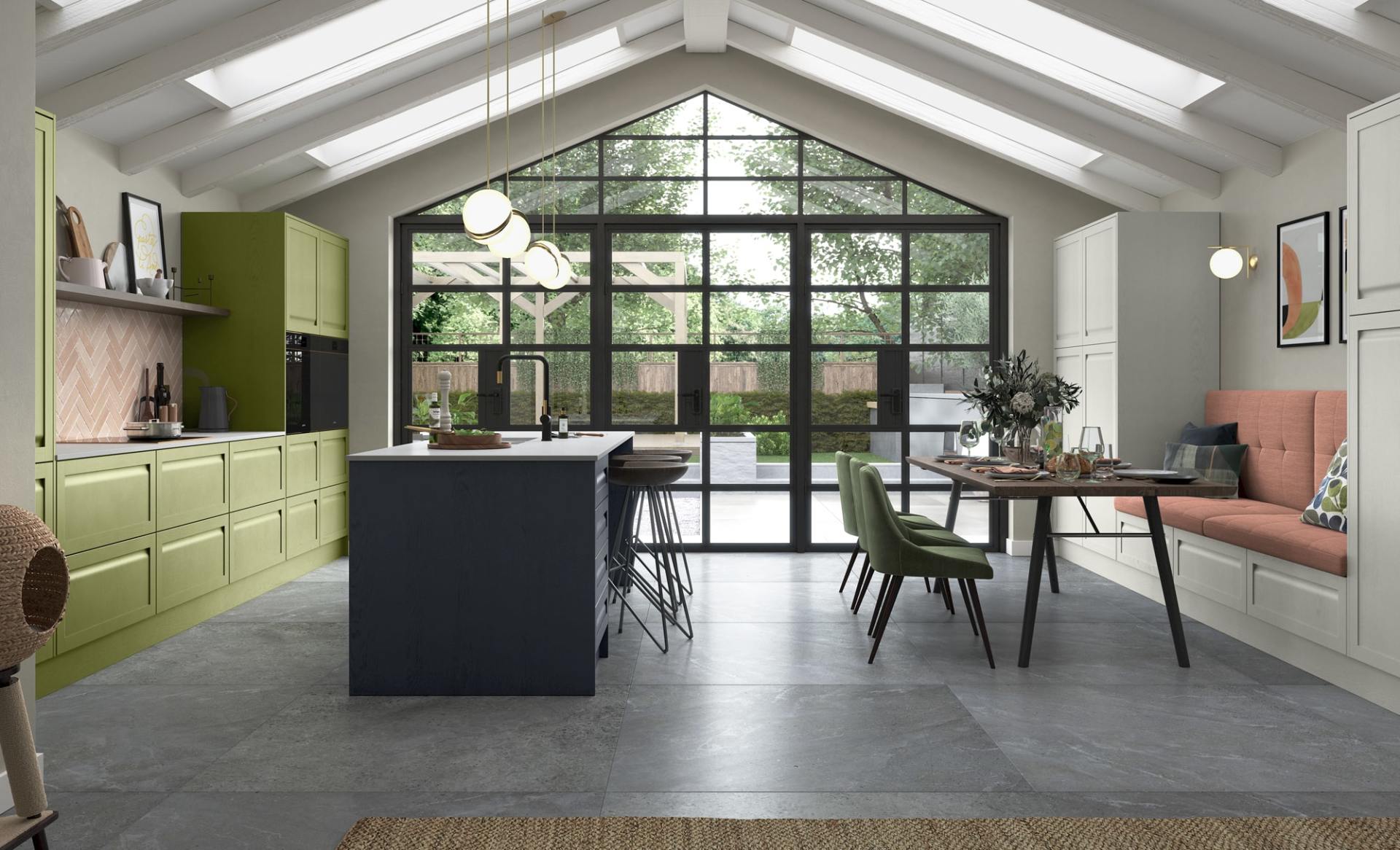 Modern kitchen with sage green cabinets, a dark island, dining area with a peach bench, and floor-to-ceiling windows.