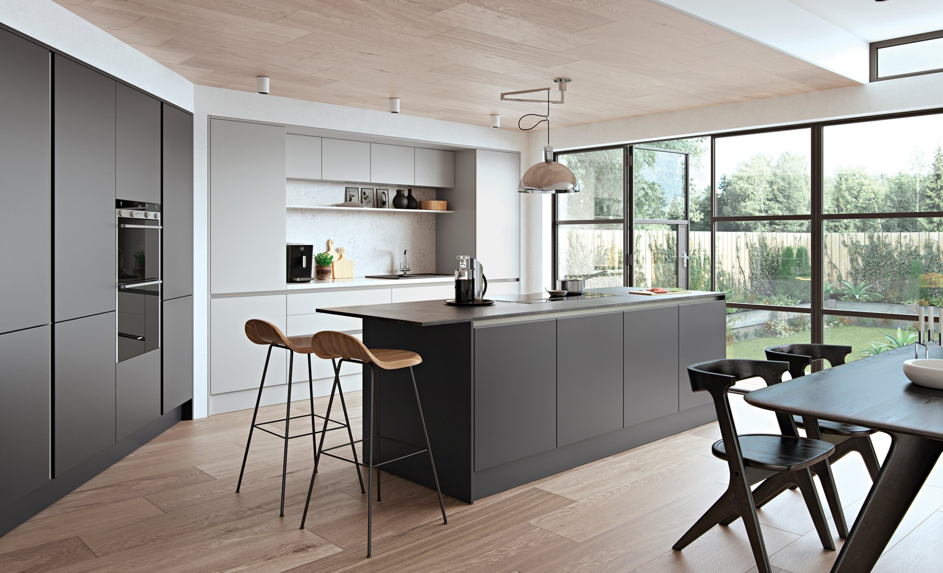 A modern kitchen with a gray island, matching matte-gray cabinetry, light wood ceilings, and large floor-to-ceiling windows.