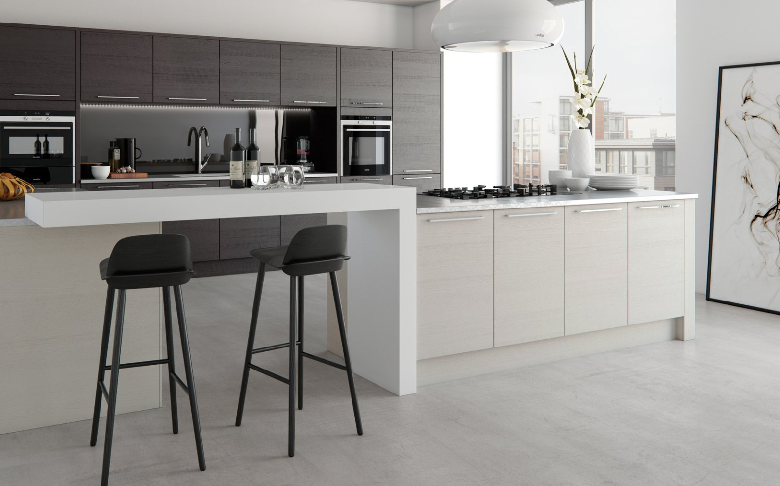 Modern kitchen featuring a two-tone white and dark grey island with bar stools and a sleek, minimalist design.