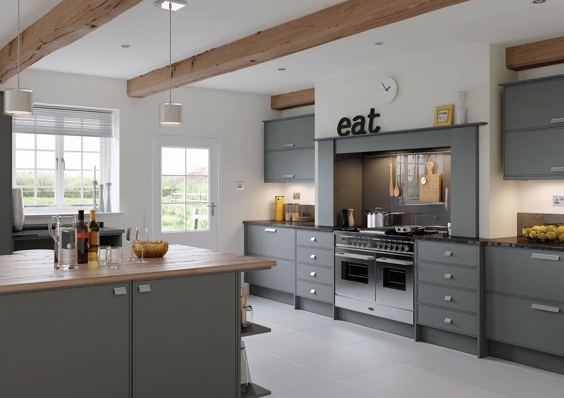 A modern, spacious kitchen featuring dark grey cabinets, wooden ceiling beams, a central island, and a stainless steel stove.