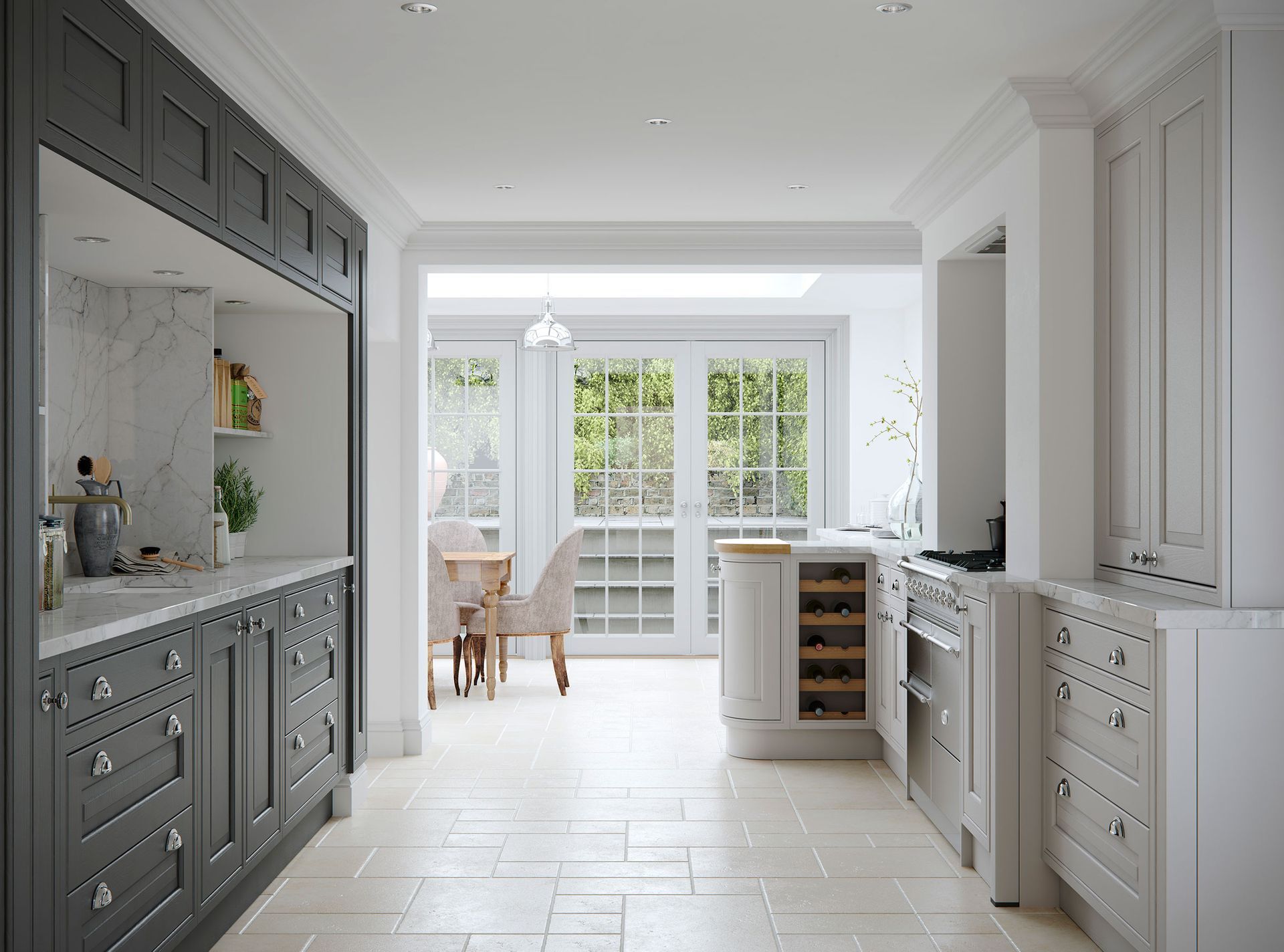 A modern kitchen with dark grey cabinetry on one side, light grey cabinets on the other, and a bright dining area beyond.