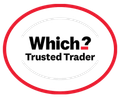 Which? Trusted Trader logo with red oval border and black text on white background