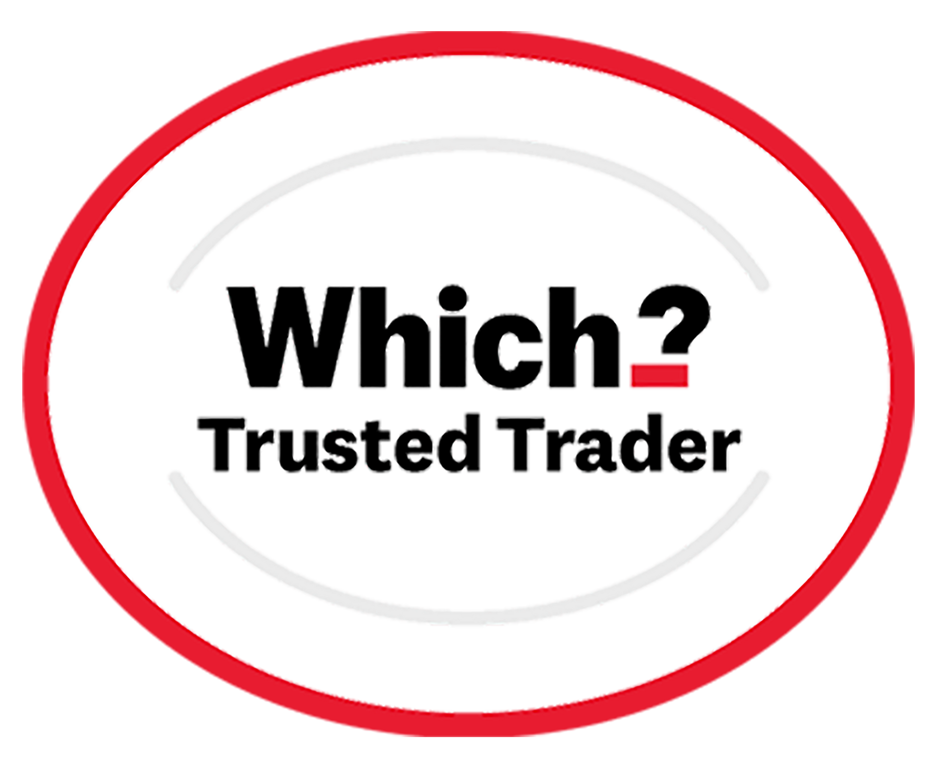 Which? Trusted Trader logo with red oval border and black text on white background