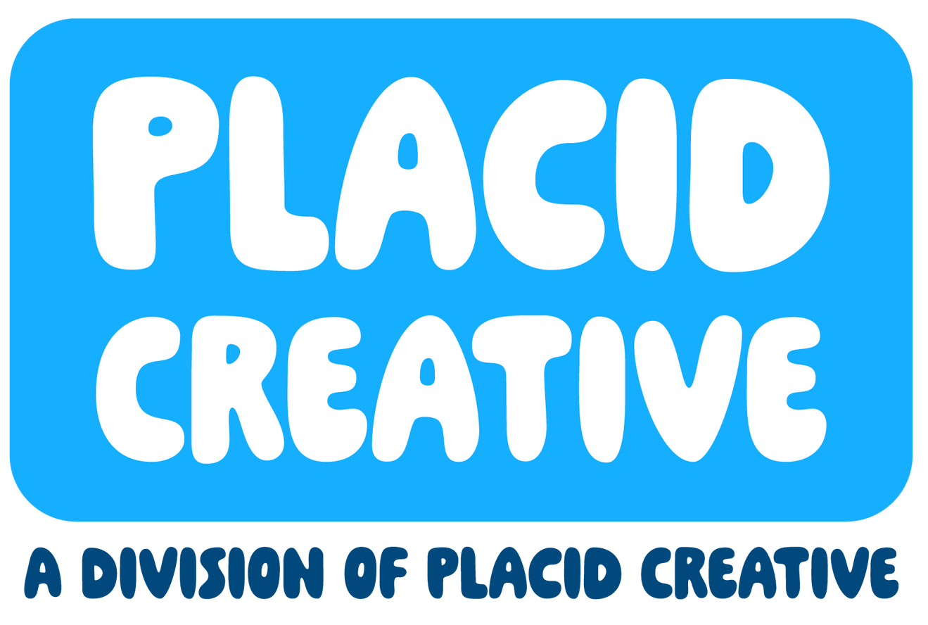 Placid Creative logo on blue background with white text and a small tagline underneath