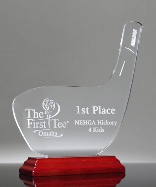 A custom inexpensive acrylic award, shaped like the head of a driver