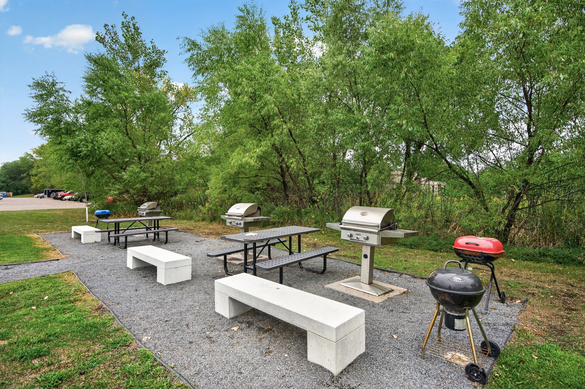 Outdoor picnic area with concrete tables, benches, and charcoal grills beside a grassy, wooded trail