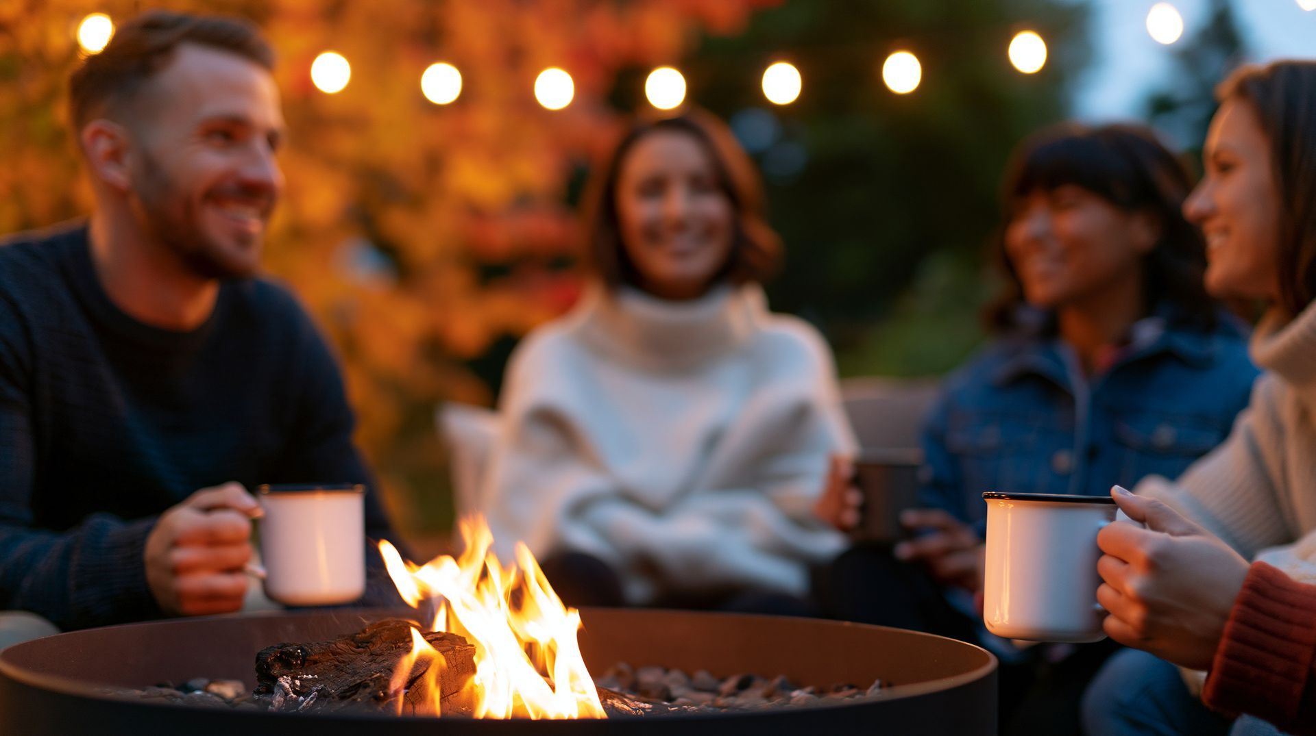 Friends holding mugs around a fire pit at dusk with warm string lights in the background