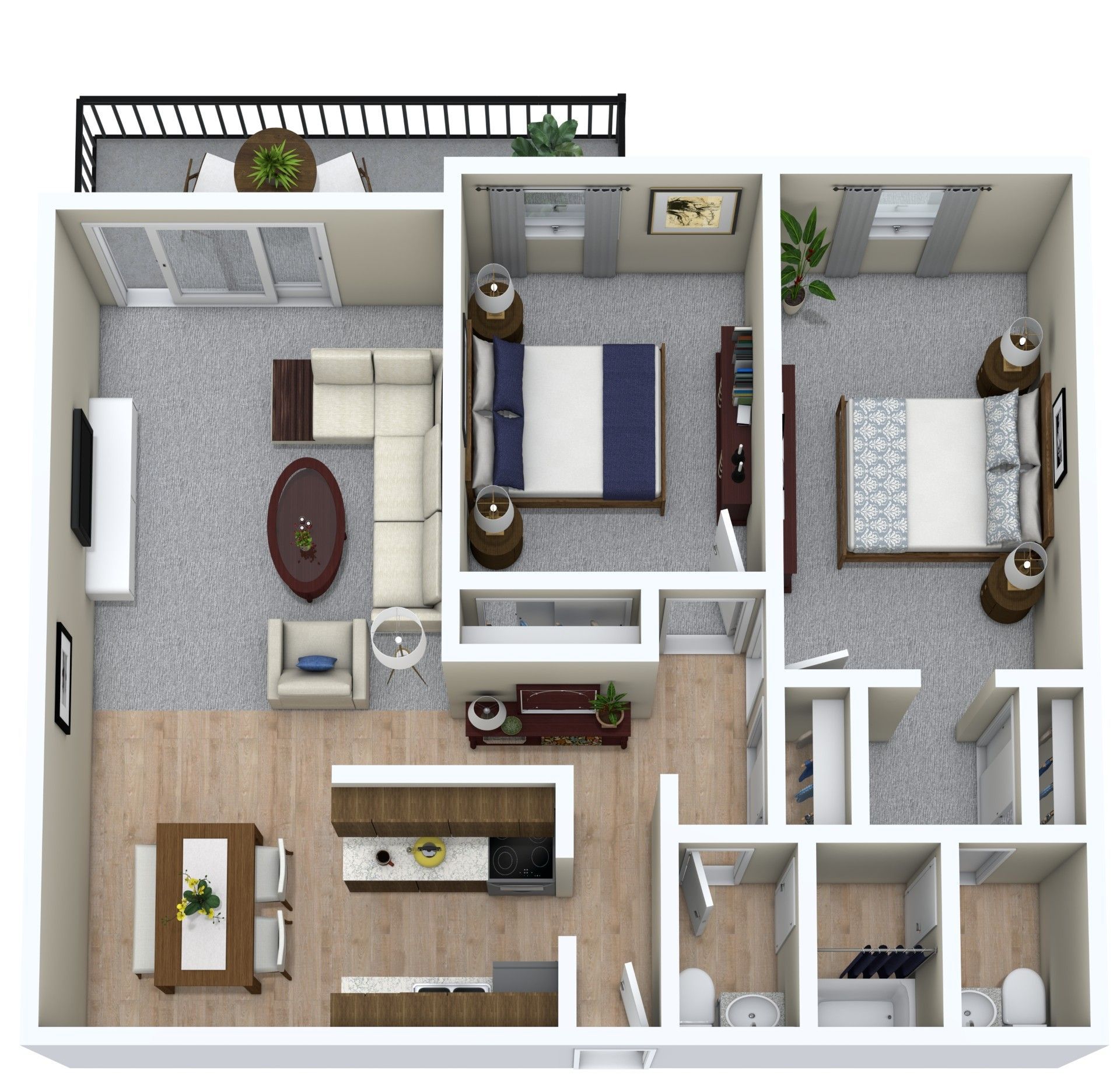 Top-down floor plan of a small apartment with living room, kitchen, two bedrooms, and bathroom.