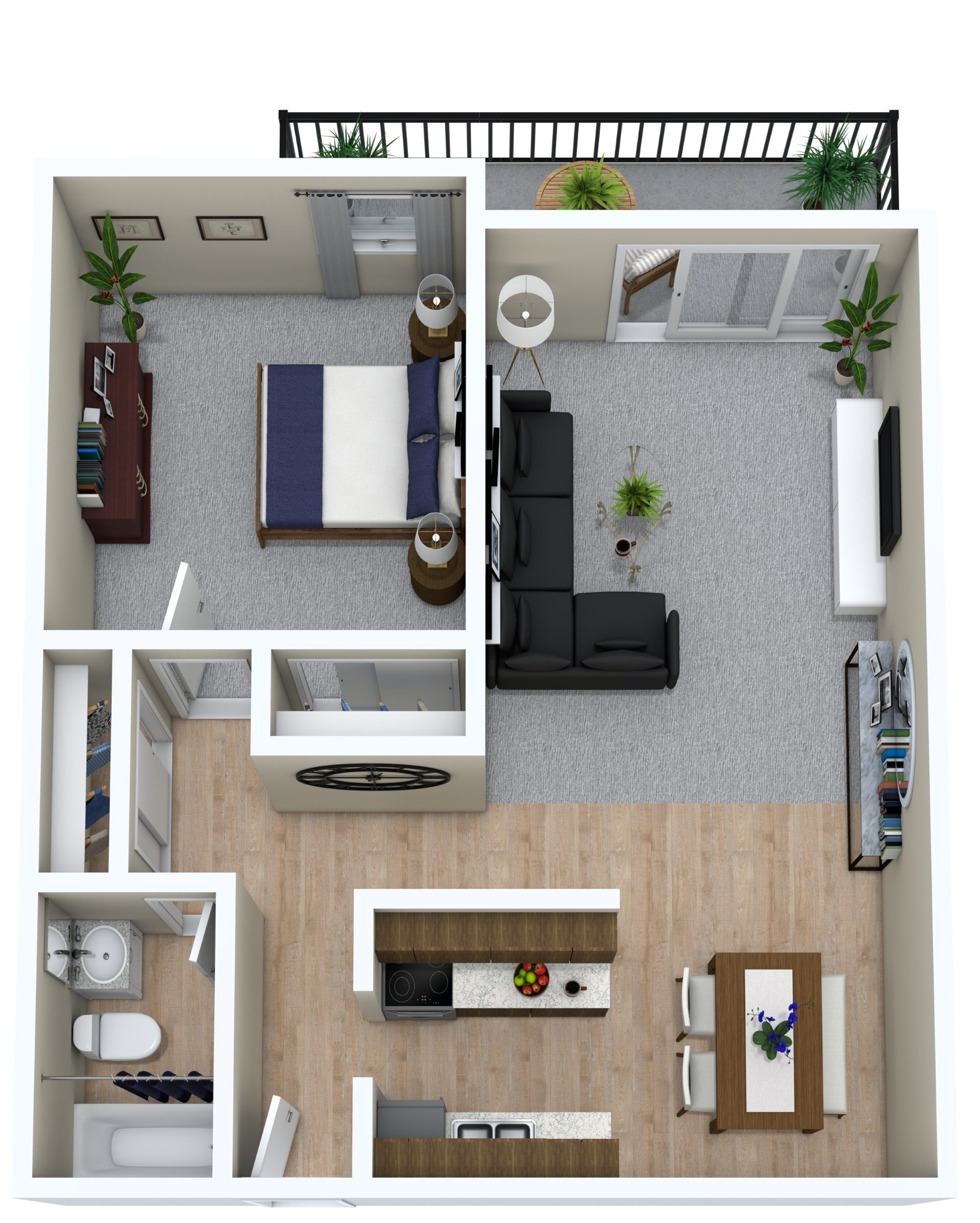 Top-down view of a furnished apartment with bedroom, living area, kitchen, and bathroom.
