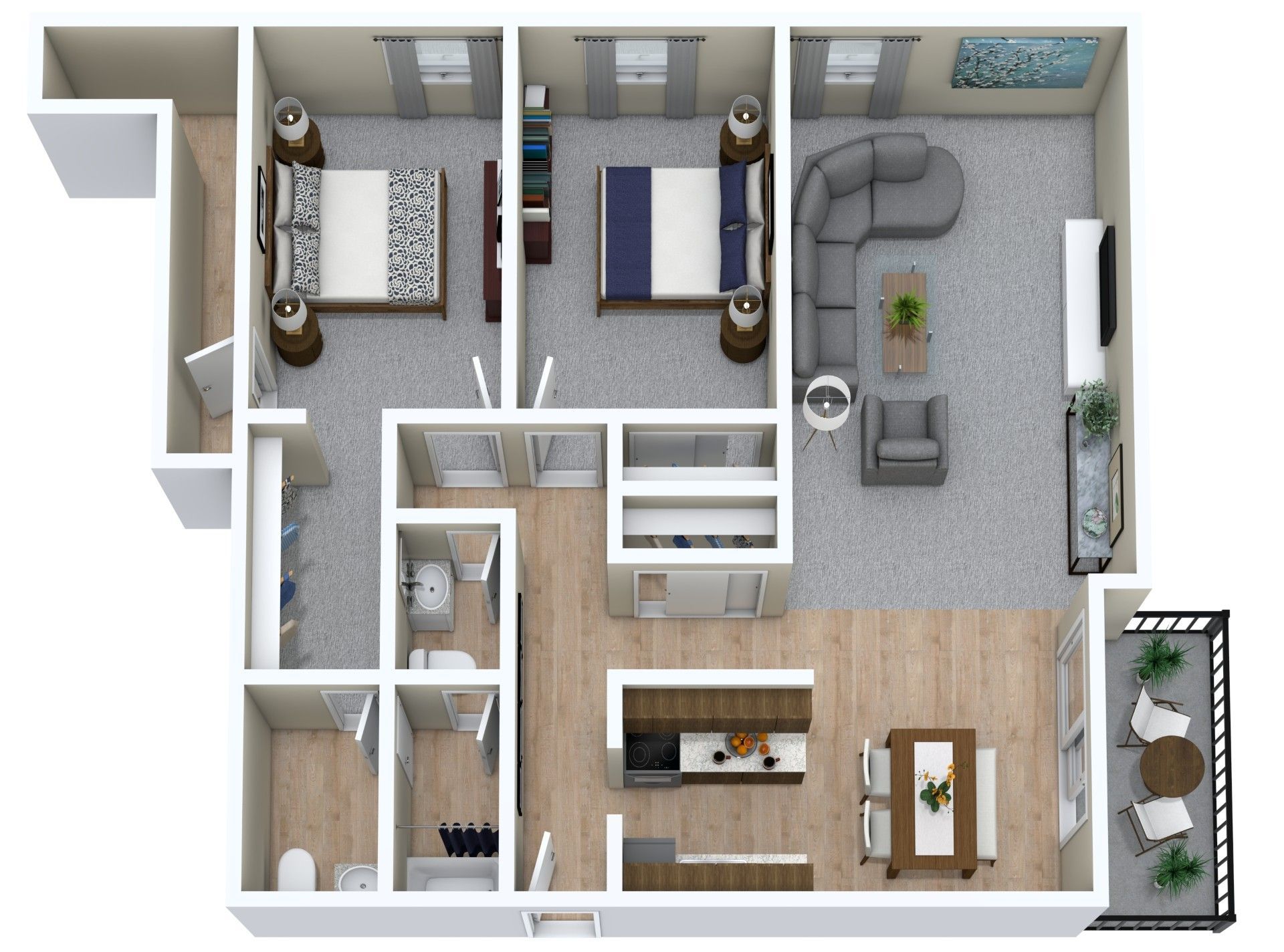 3D floor plan of a small apartment with two bedrooms, living room, kitchen, bath, and balcony