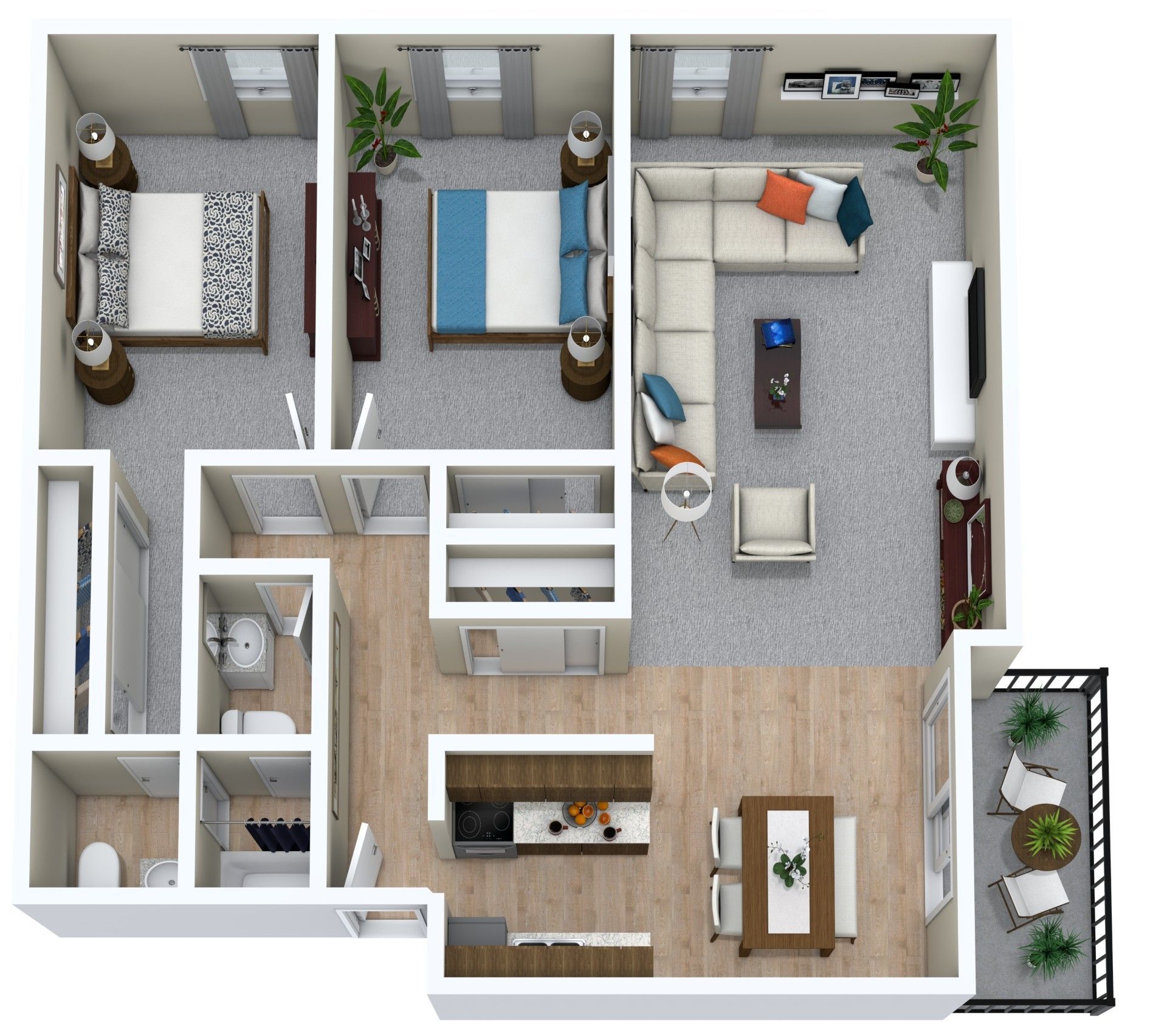 3D floor plan of a small apartment with bedroom, living room, kitchen, bath, and balcony, shown from above