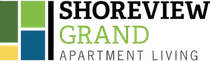 Shoreview Grand Apartment Living logo with green, blue, black and gold blocks