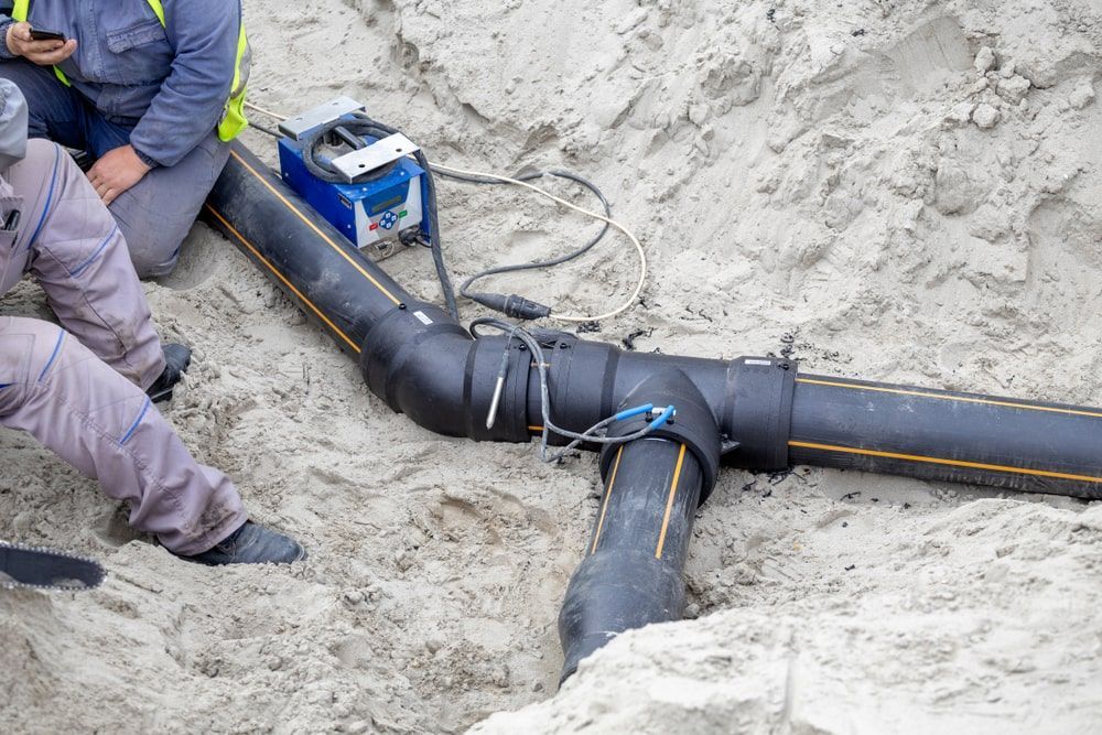 Two Men Working On A Pipe In The Sand — Calibre Engineering In Mica Creak, QLD