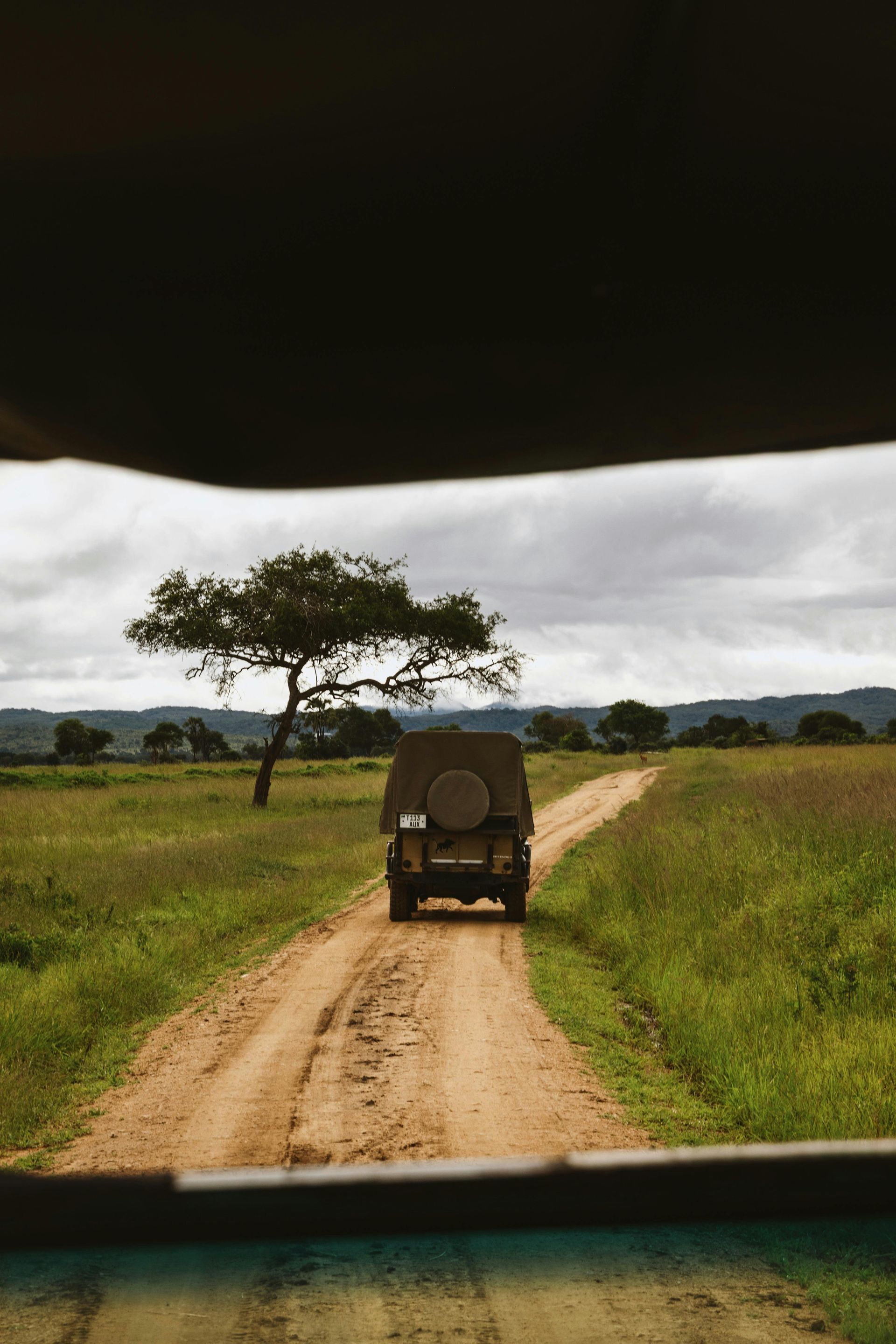 Safari jeep driving down a dirt road through grassy savanna under cloudy skies