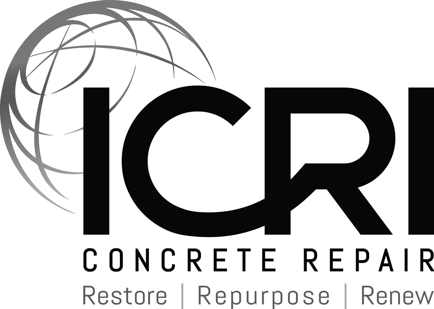 ICRI Concrete Repair logo: bold black letters with a globe graphic, text reads