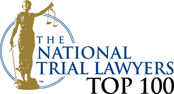 Logo for The National Trial Lawyers: Top 100 featuring a statue of Lady Justice with scales, surrounded by a blue circle.