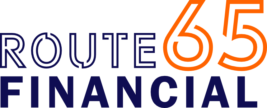 Route 65 Financial logo in navy and orange text with a stylized “65” icon