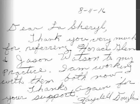 Handwritten letter thanking La Sheryl for referring patients Horace Slen and Jason Watson to a practice.