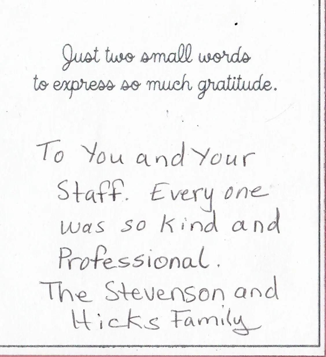 Handwritten note expressing gratitude: