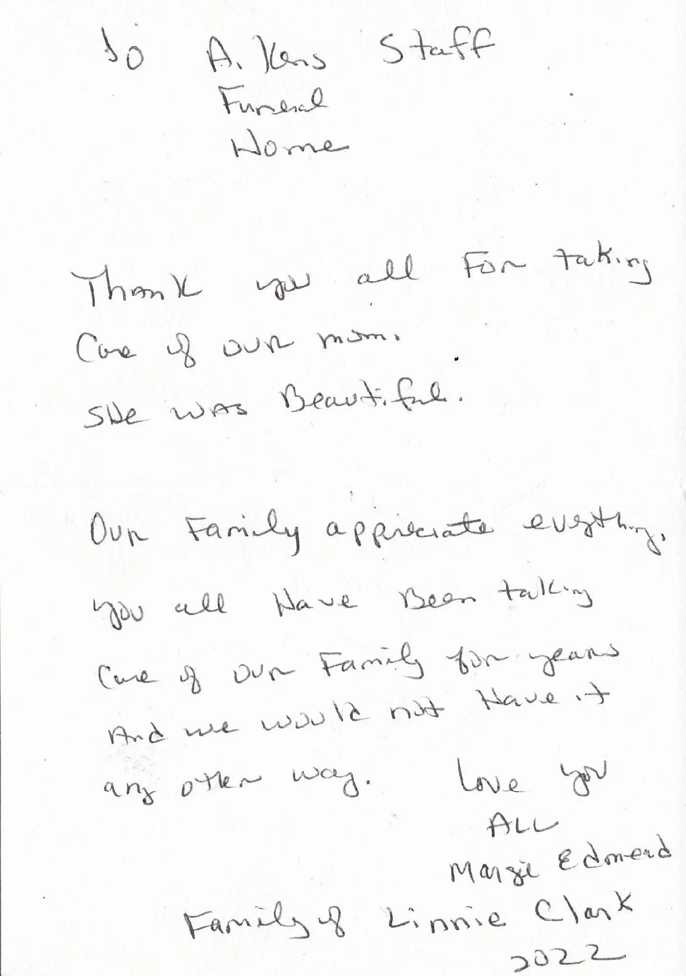 Handwritten thank-you note to a funeral home staff. It expresses gratitude for taking care of a mother, who was beautiful.