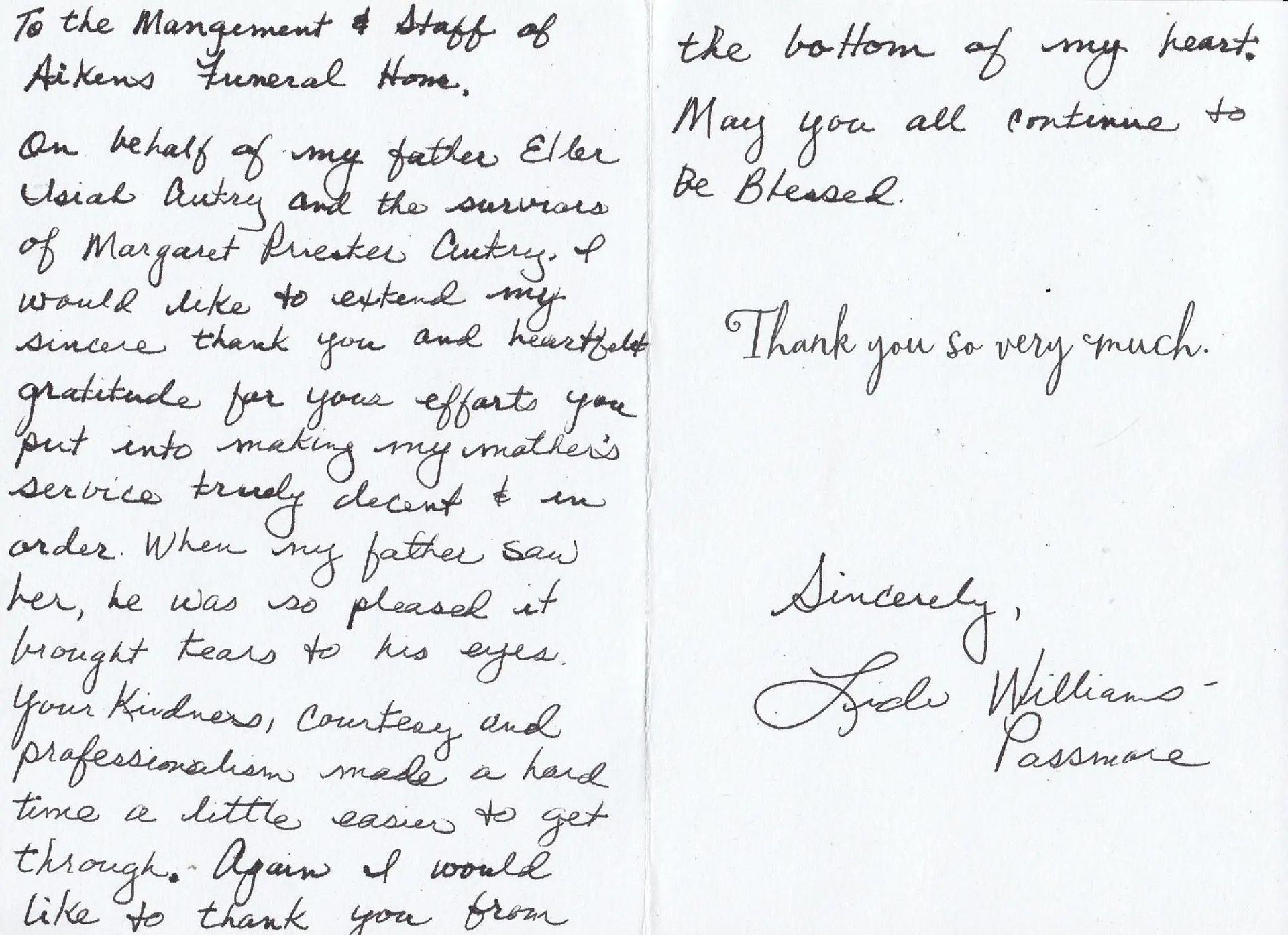 Handwritten thank you note to a funeral home, signed