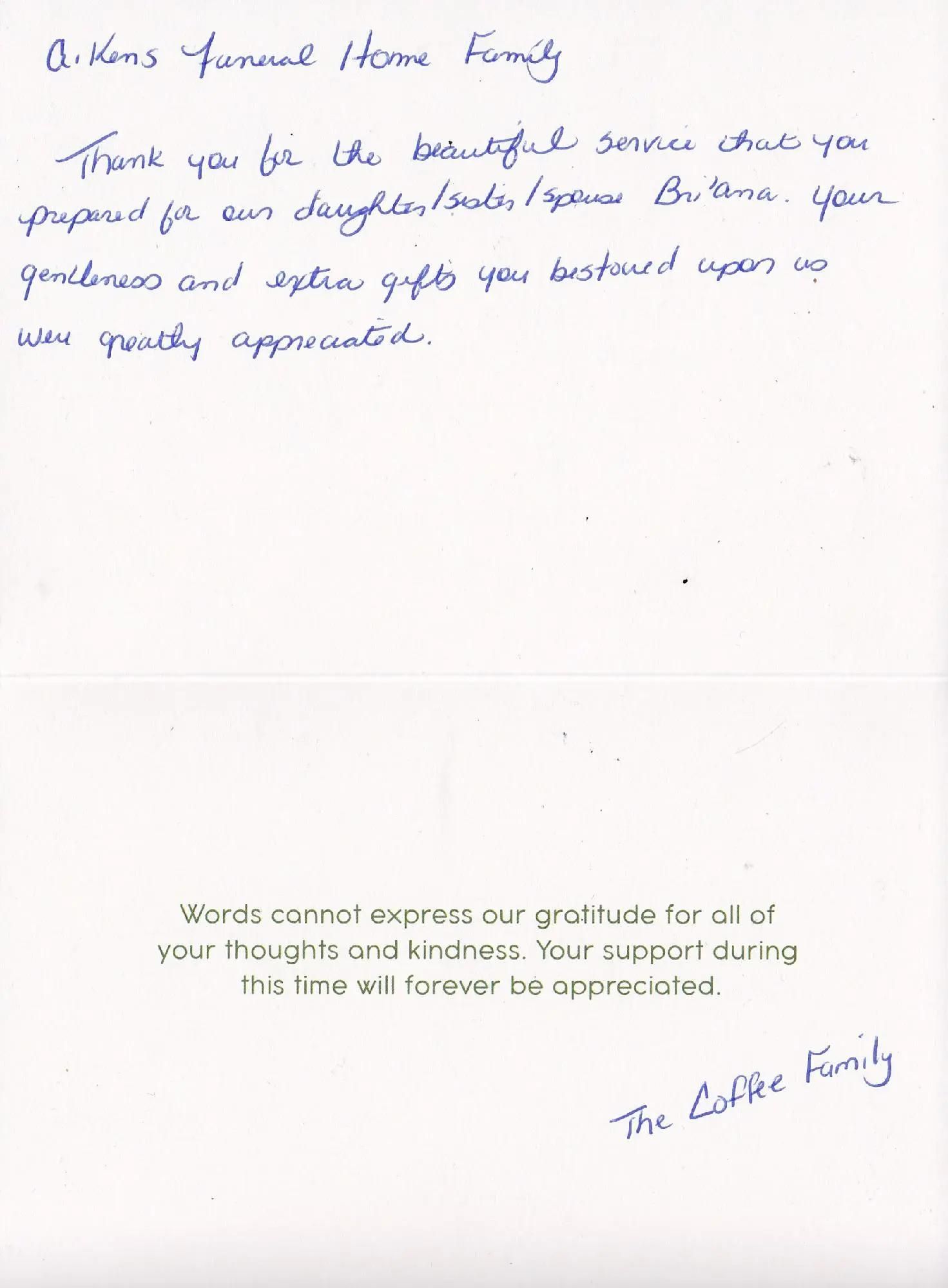 Handwritten thank-you note from The Coffee Family to the Arkers family for support and gifts.