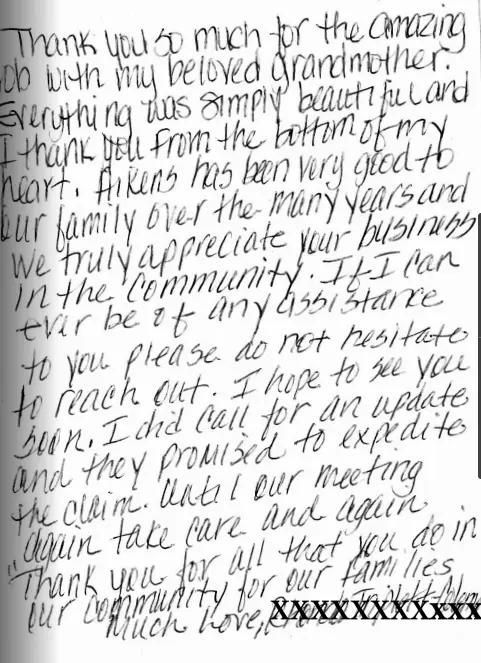 Handwritten thank you note. Acknowledges excellent service, family, and community.