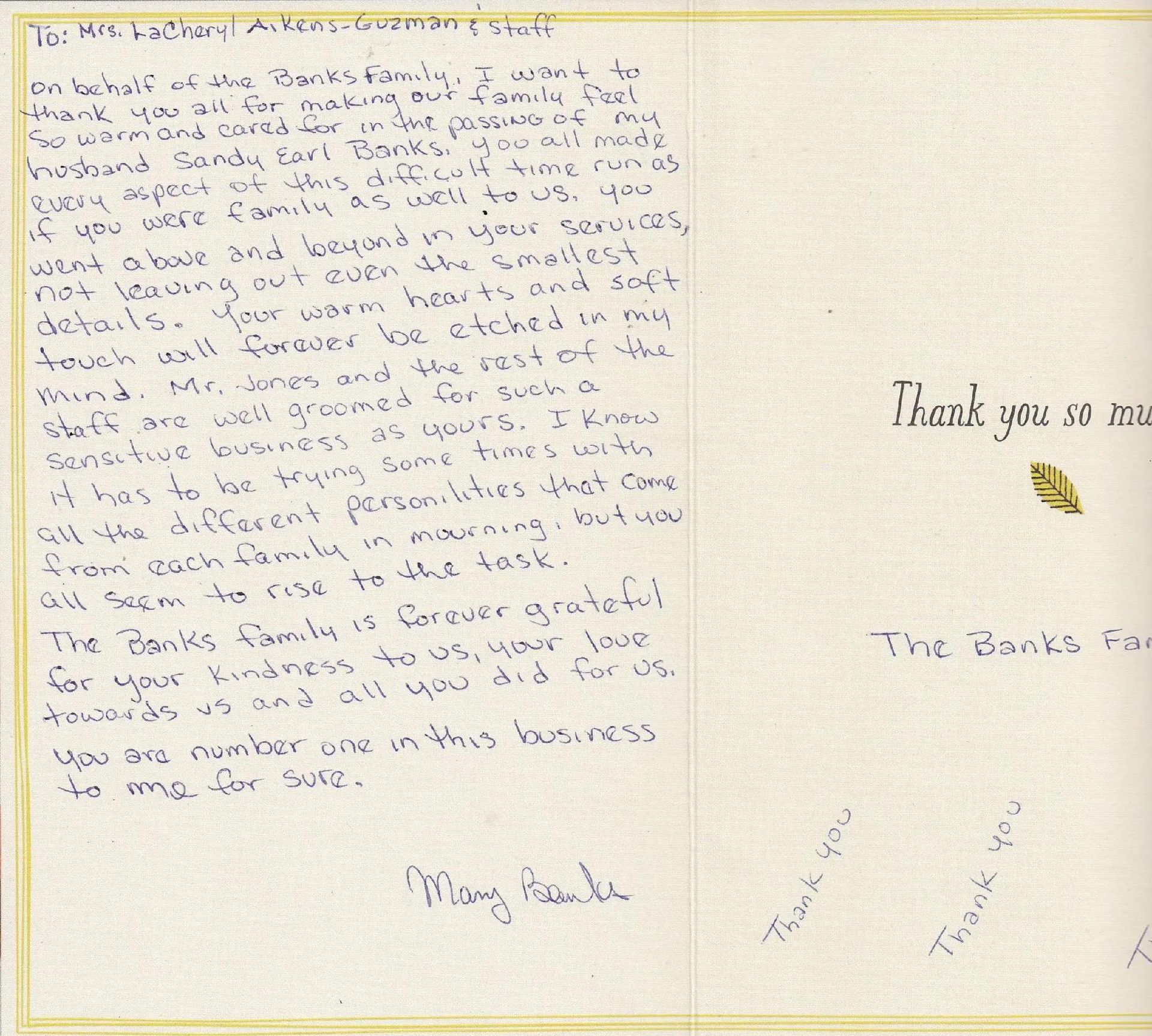 Handwritten thank you note on cream paper with a gold leaf detail, thanking someone for their kindness.
