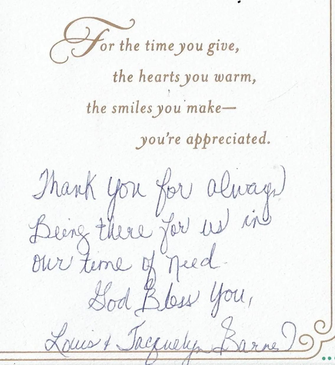 Thank you card with cursive writing: