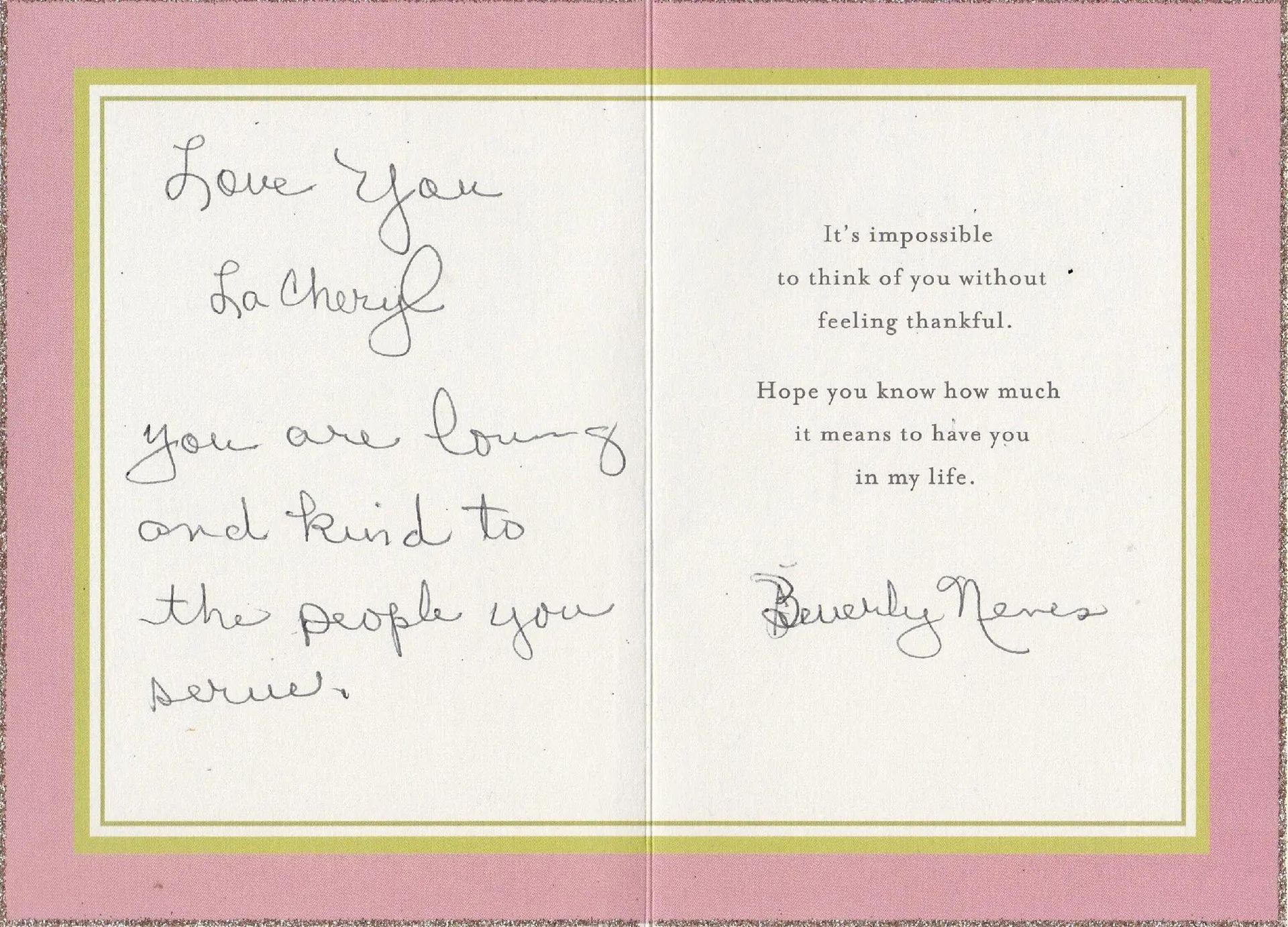 Handwritten message inside a greeting card: